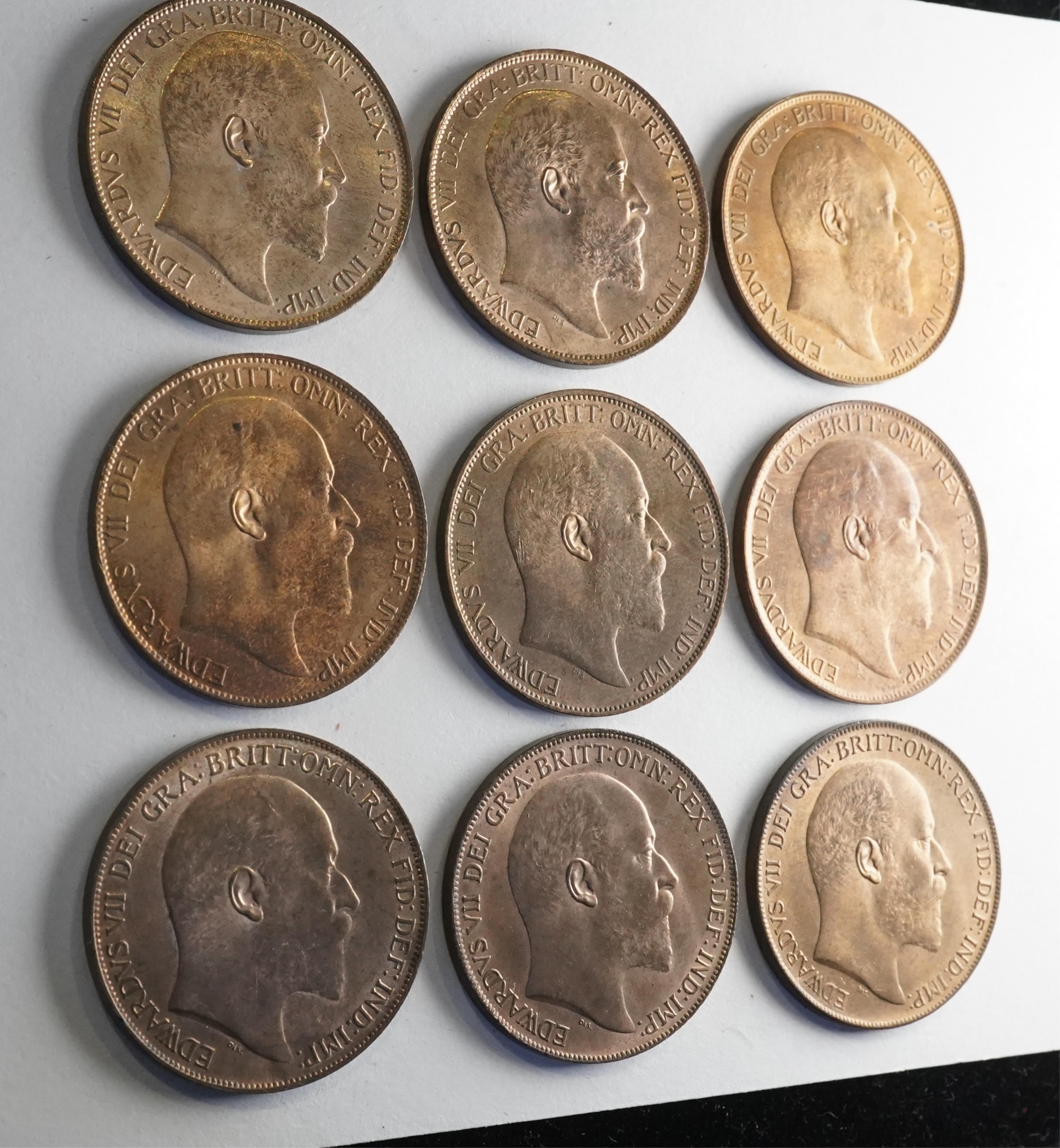 British coins, Edward VII, a date set of nine bronze pennies, 1902-1910;, 1902, Fr. 157, Gouby dies A/b, virtually as struck, UNC, full lustre, 1903, Fr. 158, Gouby dies A/b, virtually as struck, UNC, full lustre, 1904,